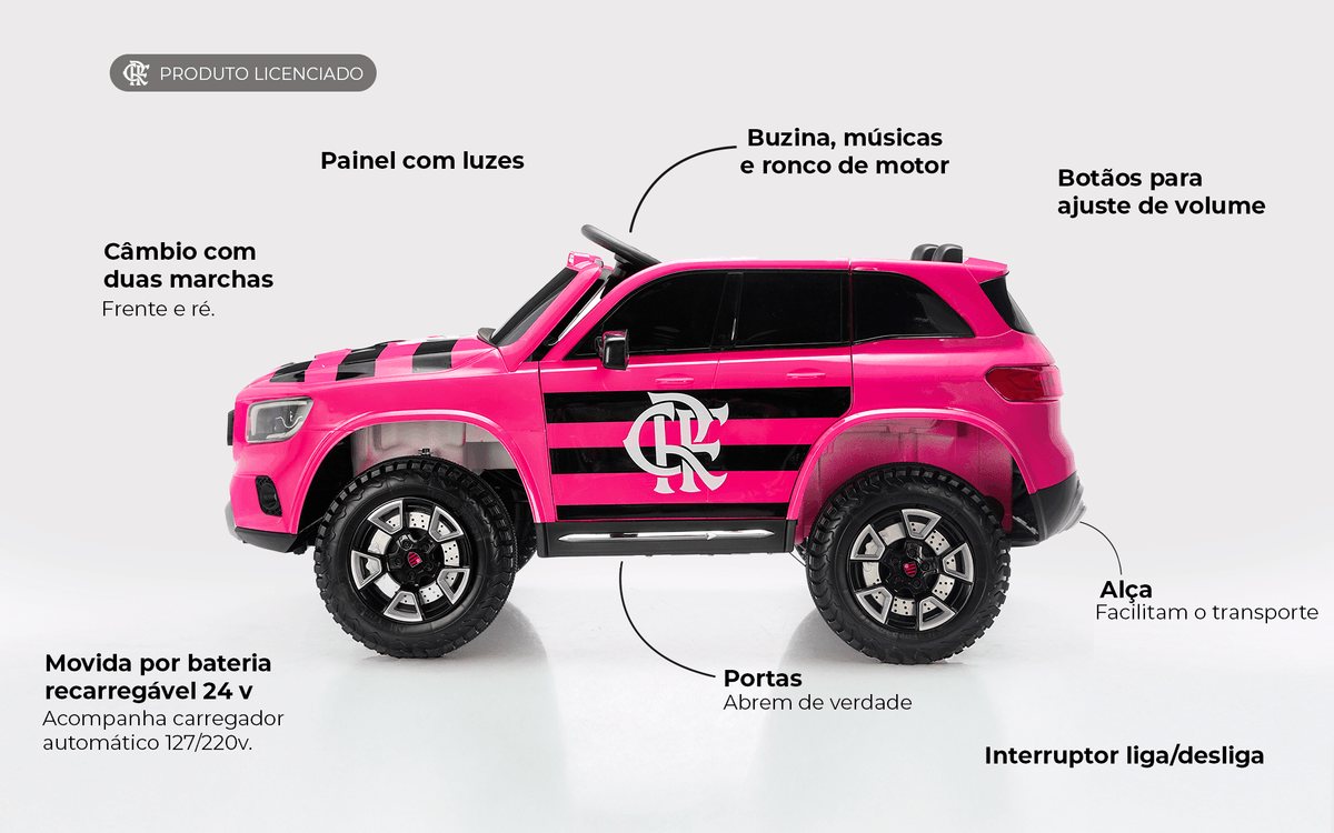 Carrinho Elétrico Rosa Infantil Flamengo Oficial Ed. Limitada
