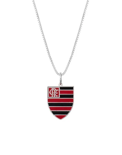Pingente Escudo em Prata 925 Colorido com Corrente de 42cm - Oficial Flamengo